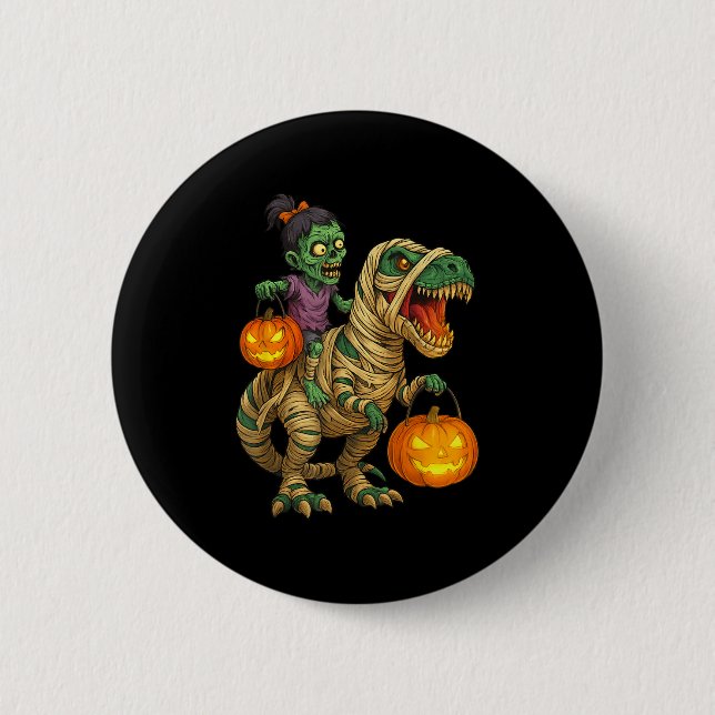 Zombie Girl Riding Mummy T Rex Halloween Kids Tric Button (Vorderseite)