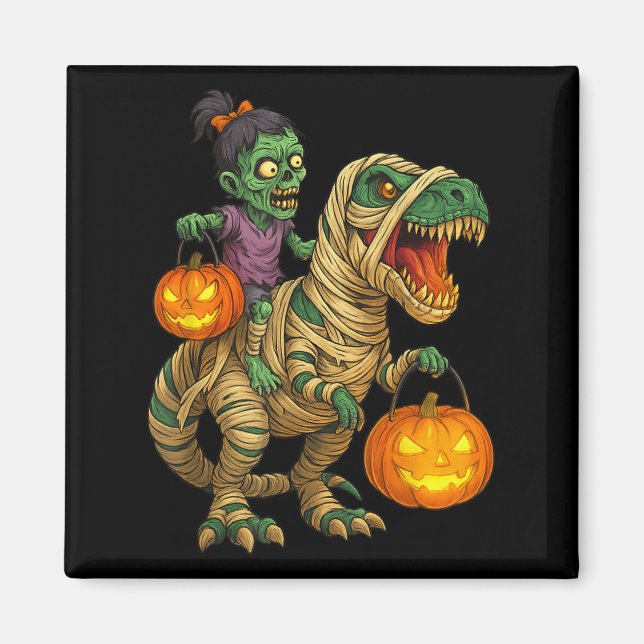 Zombie Girl Riding Mummy T Rex Halloween Kids Tric Magnet (Vorne)