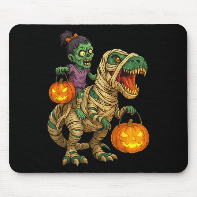 Zombie Girl Riding Mummy T Rex Halloween Kids Tric Mousepad (Vorne)