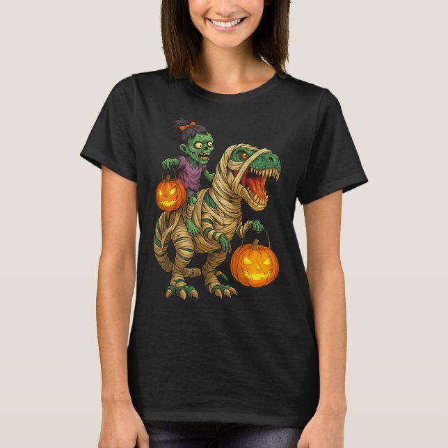 Zombie Girl Riding Mummy T Rex Halloween Kids Tric T-Shirt (Vorderseite)