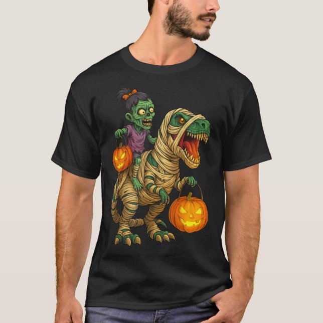 Zombie Girl Riding Mummy T Rex Halloween Kids Tric T-Shirt (Vorderseite)