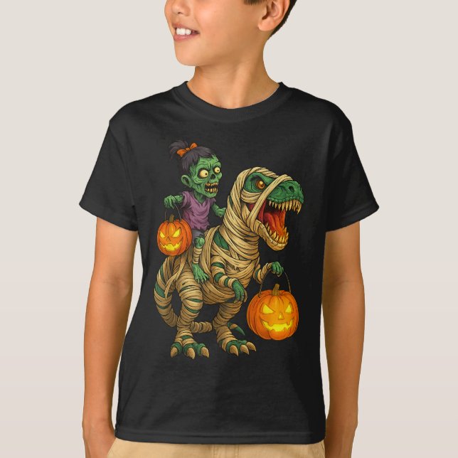 Zombie Girl Riding Mummy T Rex Halloween Kids Tric T-Shirt (Vorderseite)