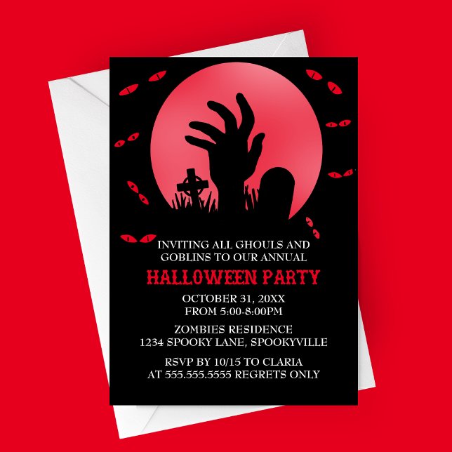 Zombie Halloween-Party Einladung (Red Zombie Spooky Halloween Party Invitation | Graveyard with Haunted Eyes and Full Moon)