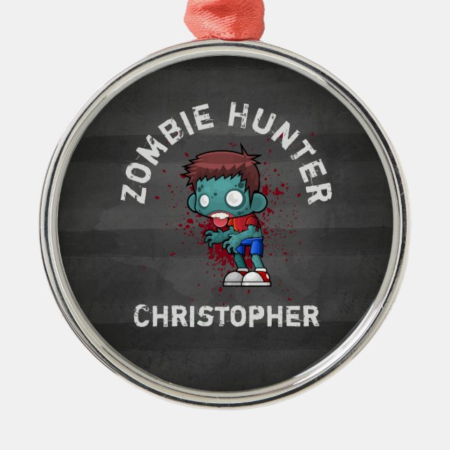 Zombie Hunter mit Spritzer Creepy Cool Silbernes Ornament (Vorne)