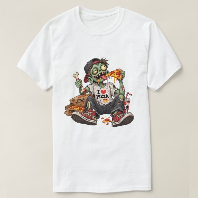 Zombie isst Pizza Halloween T-Shirt (Design vorne)