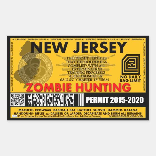 Zombie Jagdgenehmigung New Jersey Rechteckiger Aufkleber (Vorderseite)