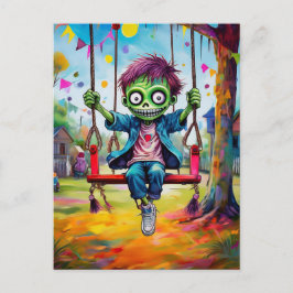 Zombie Kid lächeln auf Swing mit Party Flags Postkarte