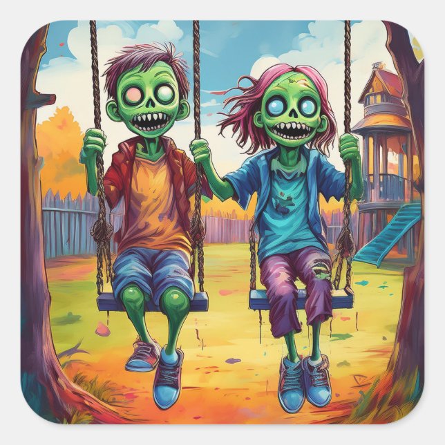 Zombie Kids on Swings in Autumn Playground Quadratischer Aufkleber (Vorderseite)