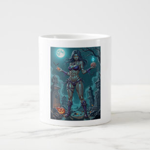 Zombie-Mädchen bietet Halloween-Leckereien oder Ge Jumbo-Tasse