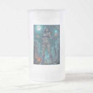 Zombie-Mädchen bietet Halloween-Leckereien oder Ge Mattglas Bierglas