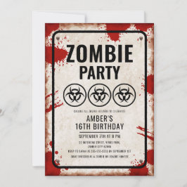 Zombie-Party mit Biogefährdung-Icons und Blutfleck Einladung