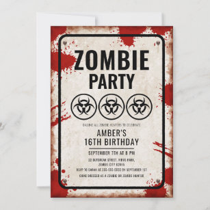 Zombie-Party mit Biogefährdung-Icons und Blutfleck Einladung