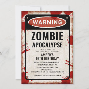 Zombie-Party mit WARNHINWEISS und Blutflecken Einladung