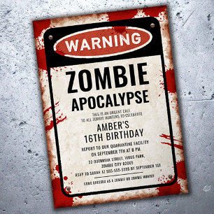 Zombie-Party mit WARNschild und Blutflecken Einladung