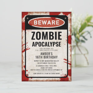 Zombie-Party mit WARNUNG-Schild und Blutflecken Einladung