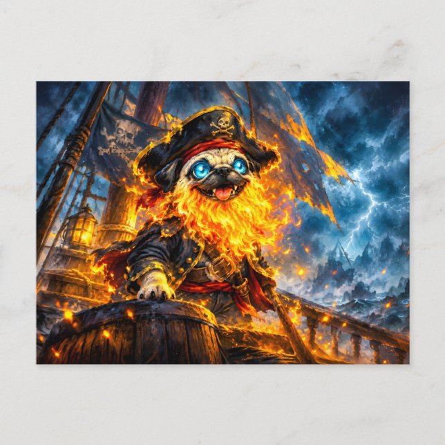 Zombie-Pirat-Mops mit flammendem Bart Postkarte (Vorderseite)
