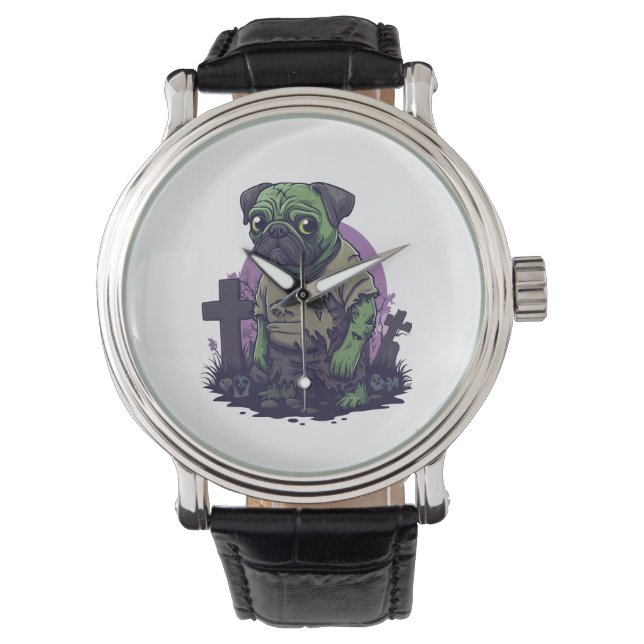 Zombie Pug � Undead Funny Halloween Dog Armbanduhr (Vorderseite)