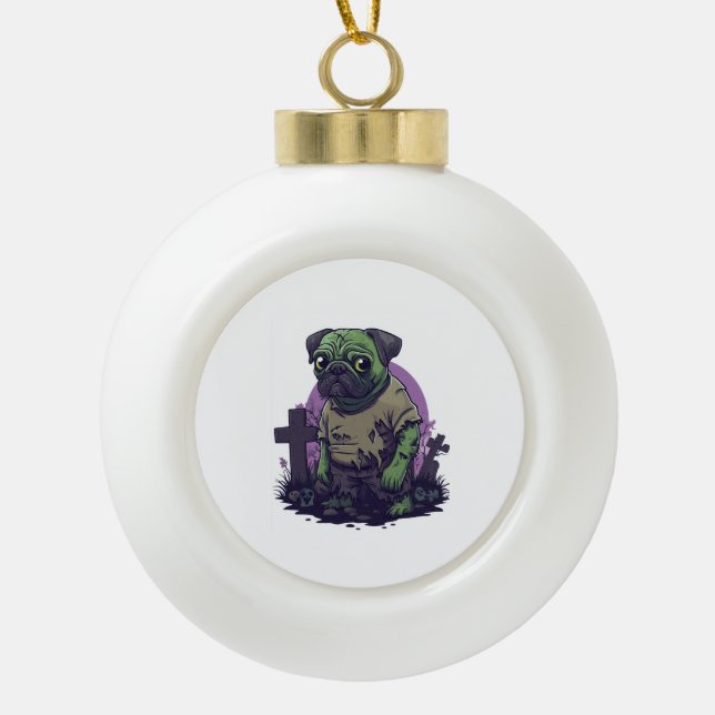 Zombie Pug � Undead Funny Halloween Dog Keramik Kugel-Ornament (Vorderseite)
