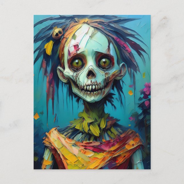 Zombie-Puppe mit gelben Augen und tatterischem Kle Postkarte (Vorderseite)