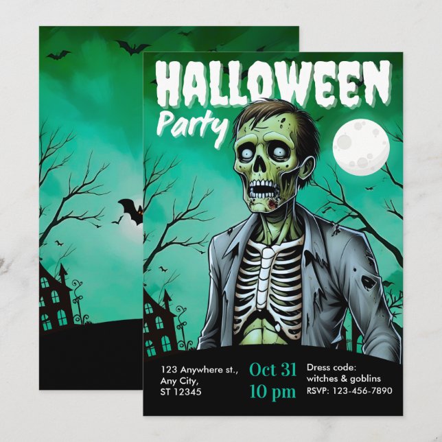 Zombie Skeleton Halloween Party Invite Adults Einladung (Vorne/Hinten)