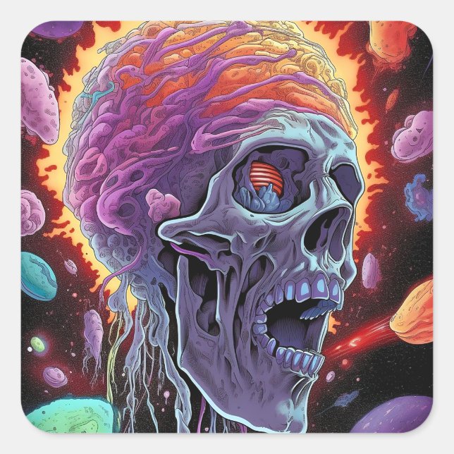 Zombie Skull Creature Sci-fi-Horror Art Quadratischer Aufkleber (Vorderseite)