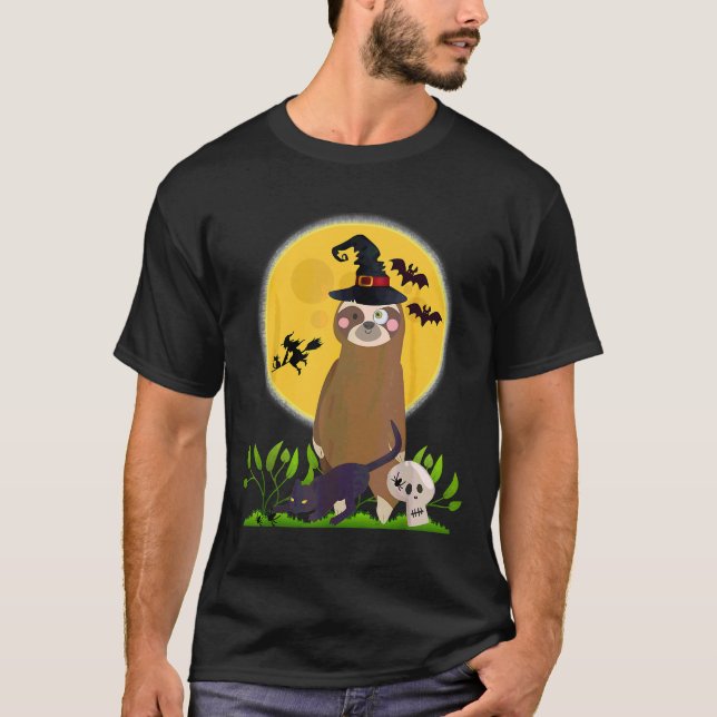 Zombie Sloth Beängstigend Cat Halloween T-Shirt (Vorderseite)