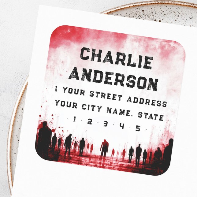 Zombie-thematische rote Halloween-Rücksendeadresse Quadratischer Aufkleber (Zombie themed red black Halloween return address Square Sticker)