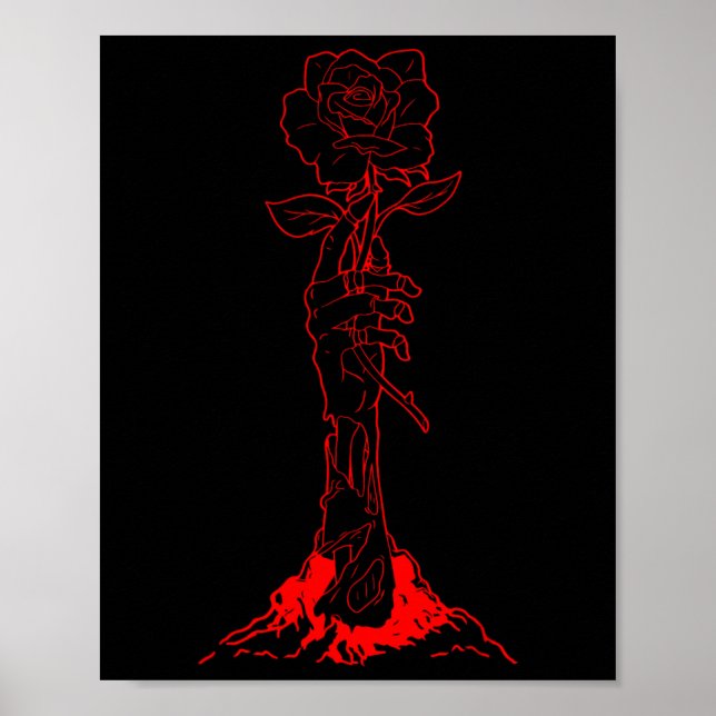 Zombiecore Ästhetik Zombie Hand Rote Rose Skelett Poster (Vorne)