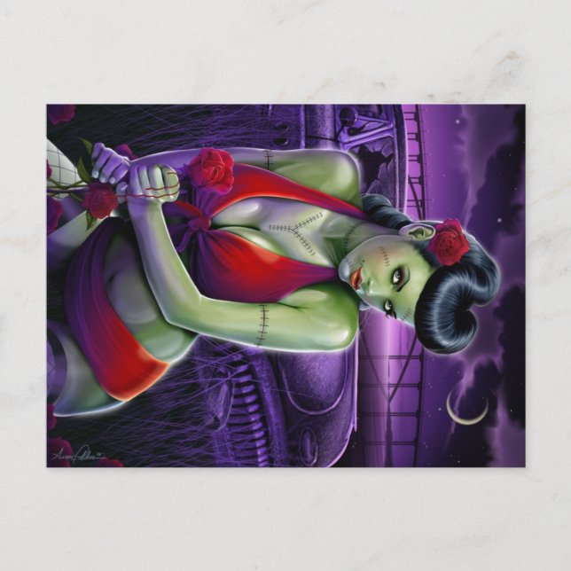 Zombiemädchen-Liebe mit Rose und Vintagem Auto Postkarte (Vorderseite)