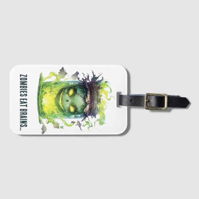 Zombies fressen Gehirne. Spooky Halloween Jar mit  Gepäckanhänger (Vorderseite (Horizontal))