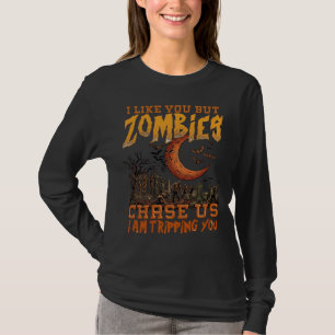 Zombies jagen uns Halloween-Friedhof-Halbmond T-Shirt