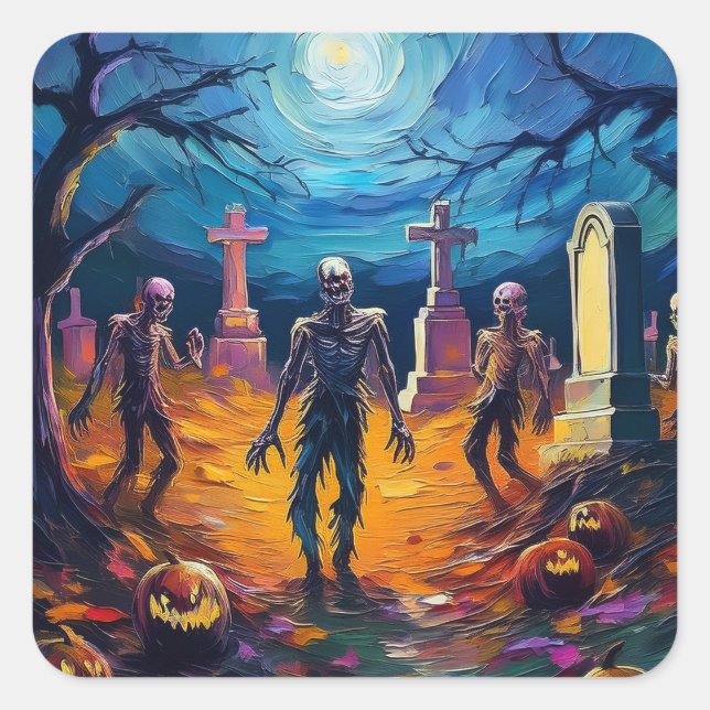 Zombies Rising in Moonlit Graveyard with Pumpkins Quadratischer Aufkleber (Vorderseite)