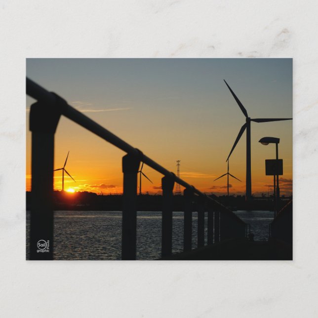 Zonsondergang met windmolen, Rustgevend relaxt. Postkarte (Vorderseite)