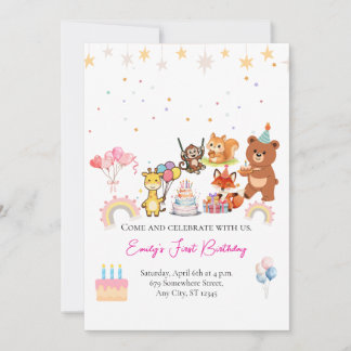 Zoo animals cute first birthday invitation einladung