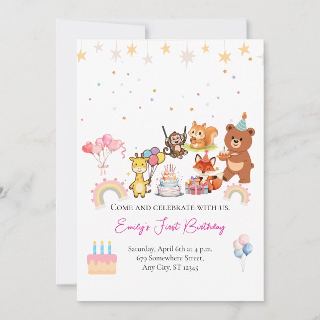 Zoo animals cute first birthday invitation einladung (Vorderseite)