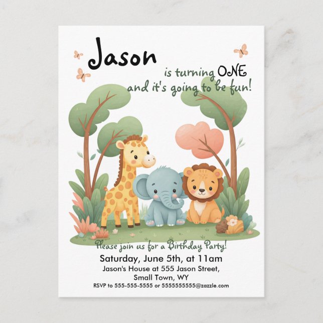 Zoo Birthday Einladung Postkarte (Vorderseite)