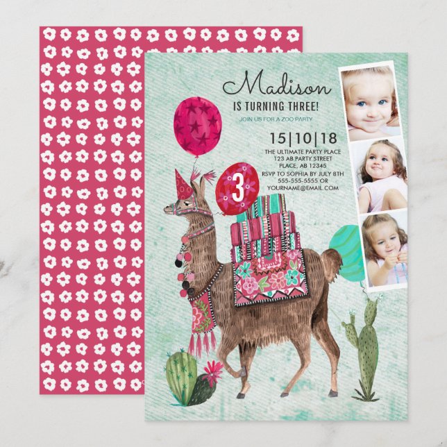 Zoo Party Birthday | Llama | Aufforderungen Einladung (Vorne/Hinten)