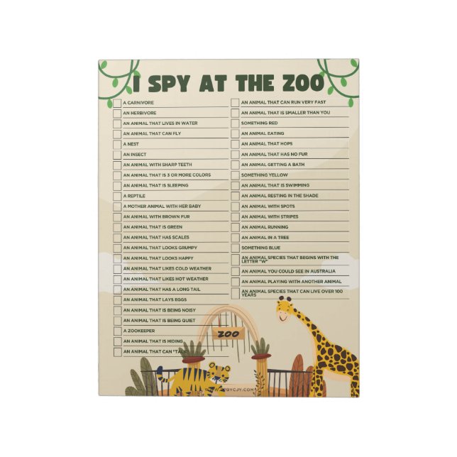 Zoo Scavenger Hunt Erziehung Notizblock (Rotiert)