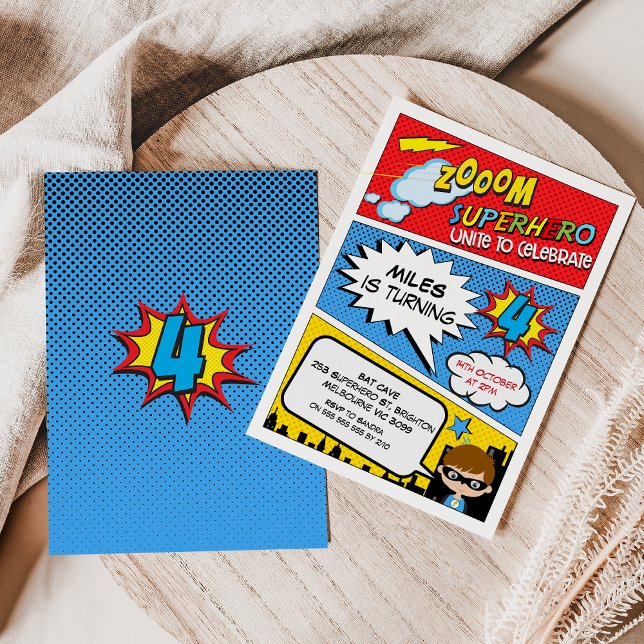 Zoom Comic Superhero 4. Geburtstagsfeier Einladung (Boys Superhero 4th Birthday Invitation, Comic Superhero Fourth Birthday Invitation Brown Hair Hero)