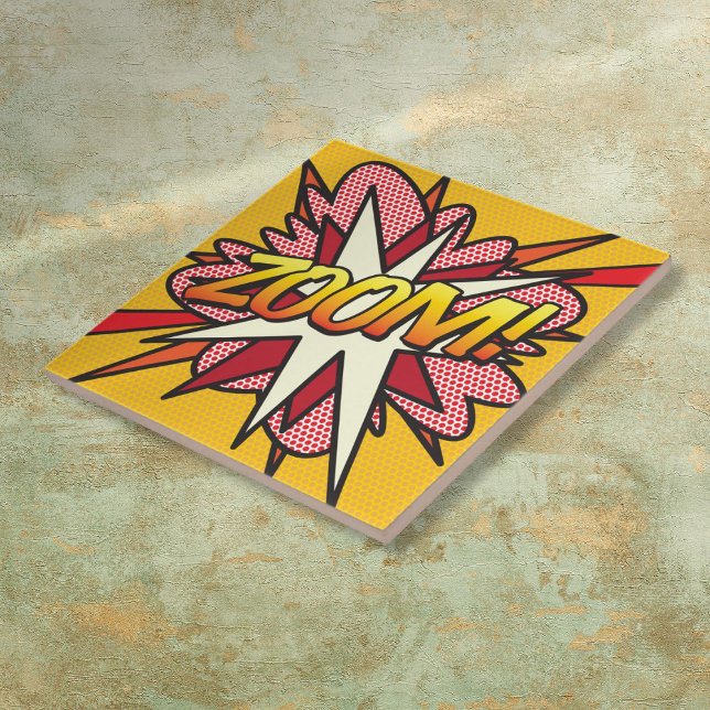 ZOOM Fun Retro Comic Pop Kunst, Dichtung und Musik Fliese (ZOOM Fun Retro Comic Book Pop Art Tile)
