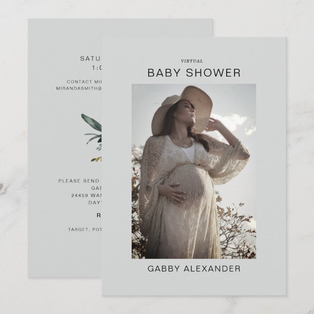 Zoom Virtual Baby Dusche Foto neutrale Einladung (Vorne/Hinten)