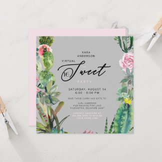 Zoom Virtual Cactus Pink & Gray Sweet 16 Geburtsta Einladung
