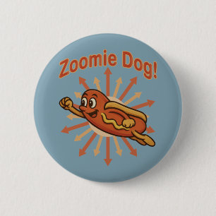 Zoomie Dog Flying Hot Dog Cartoon - Fun Retro Button