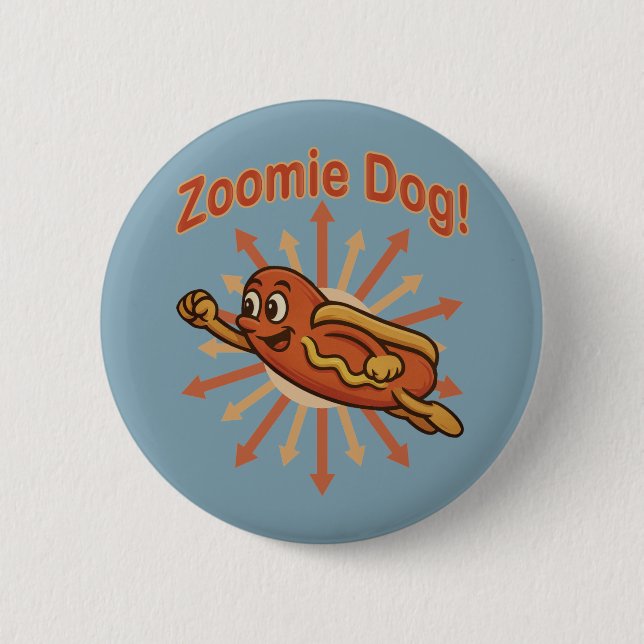 Zoomie Dog Flying Hot Dog Cartoon - Fun Retro Button (Vorderseite)