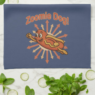 Zoomie Dog Flying Hot Dog Cartoon - Fun Retro Geschirrtuch
