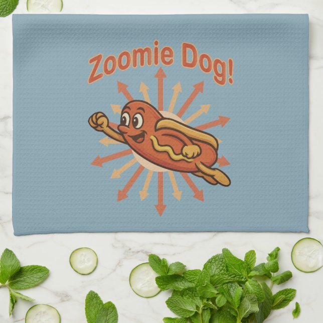Zoomie Dog Flying Hot Dog Cartoon - Fun Retro Geschirrtuch (Gefaltet)