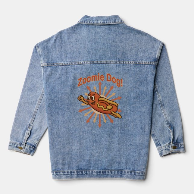 Zoomie Dog Flying Hot Dog Cartoon - Fun Retro Jeansjacke (Rückseite)