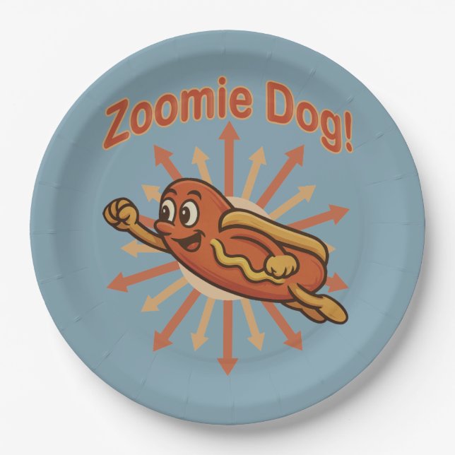 Zoomie Dog Flying Hot Dog Cartoon - Fun Retro Pappteller (Vorderseite)