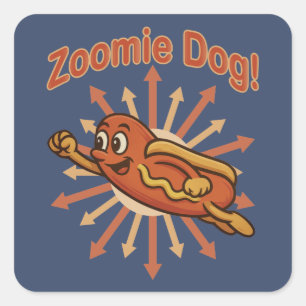 Zoomie Dog Flying Hot Dog Cartoon - Fun Retro Quadratischer Aufkleber