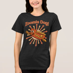 Zoomie Dog Flying Hot Dog Cartoon - Fun Retro Tri-Blend Shirt